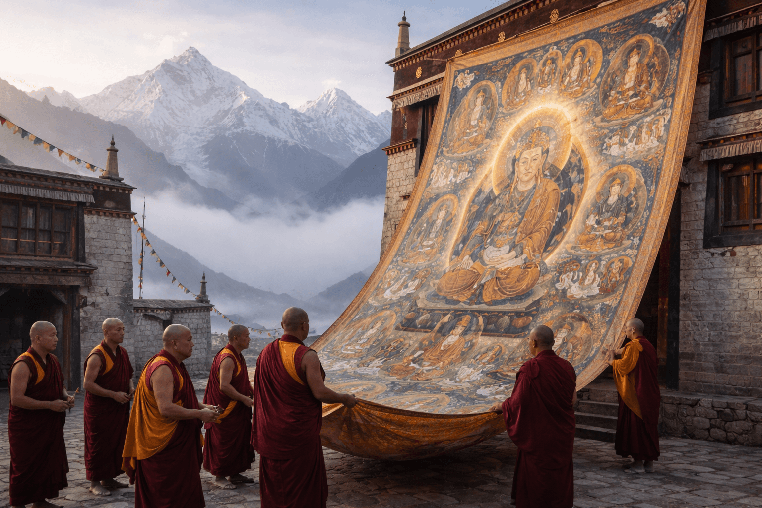 Thongdrol festival prayer flags unfurled in a sacred ceremony
